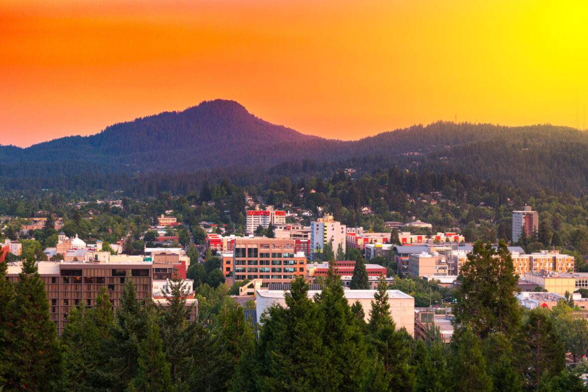 Eugene, Oregon downtown cityscape at dusk.